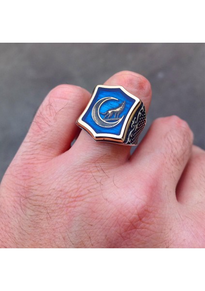 Mavi Mineli Bozkurt Işlemeli Erkek Yüzük fırsatları