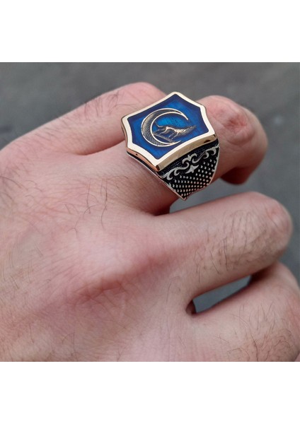 Mavi Mineli Bozkurt Işlemeli Erkek Yüzük indirimleri