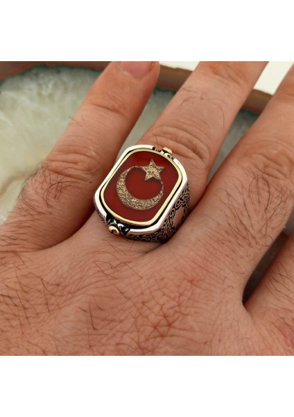 Çift Taraflı Siyah Taş ve Ay Yıldız Erkek Yüzük modelleri