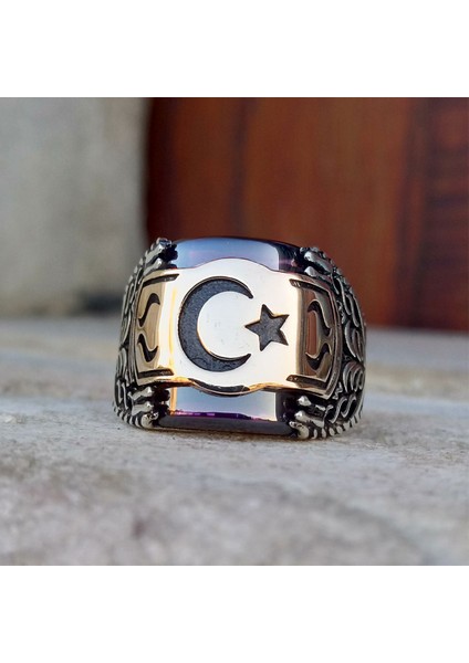Ametist Zirkon Taşlı Ay Yıldız Erkek Yüzük
