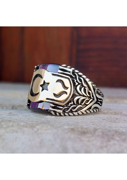 Ametist Zirkon Taşlı Ay Yıldız Erkek Yüzük indirimleri