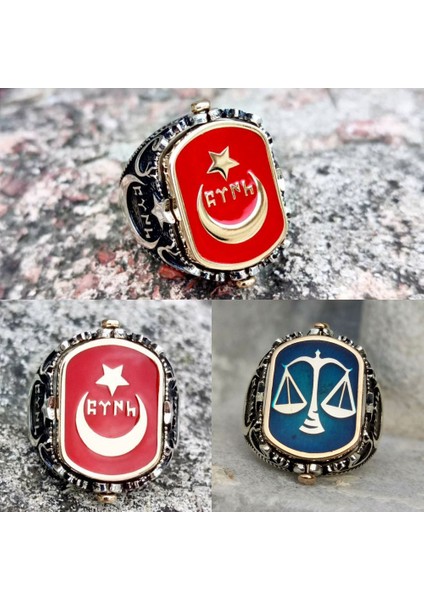 Gök Türkçe Türk Yazılı Ay Yıldız ve Adalet Terazisi Çift Taraflı Erkek Yüzük