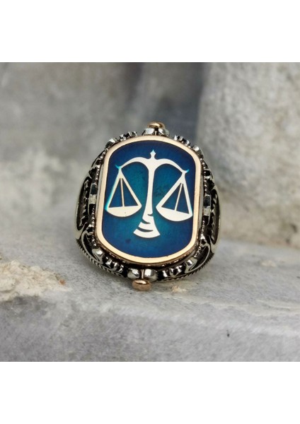 Gök Türkçe Türk Yazılı Ay Yıldız ve Adalet Terazisi Çift Taraflı Erkek Yüzük fiyatları