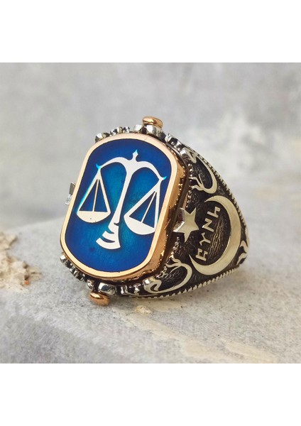 Gök Türkçe Türk Yazılı Ay Yıldız ve Adalet Terazisi Çift Taraflı Erkek Yüzük modelleri