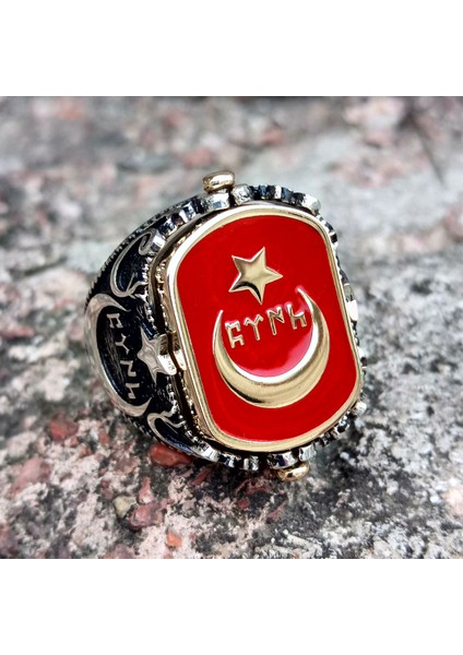 Gök Türkçe Türk Yazılı Ay Yıldız ve Adalet Terazisi Çift Taraflı Erkek Yüzük fırsatları