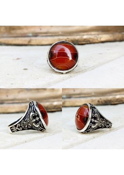 Akik Taşlı Zümrüdü Anka Motifli Erkek Gümüş Yüzük