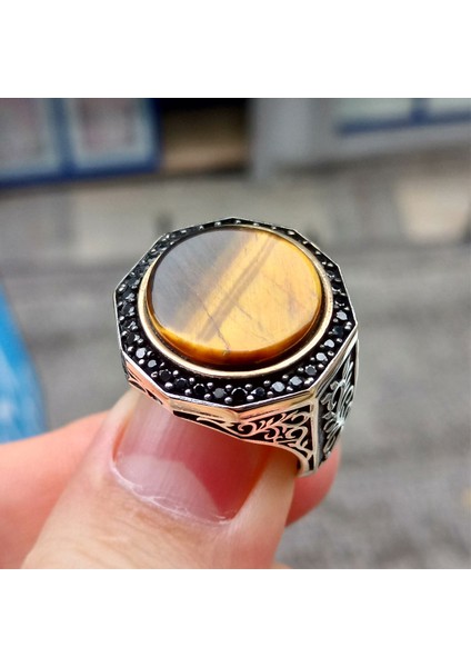 Kaplan Gözü Taşlı Sarmaşık Desen Işlemeli Erkek Yüzük fiyatları