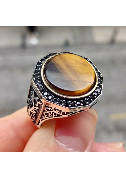 Kaplan Gözü Taşlı Sarmaşık Desen Işlemeli Erkek Yüzük indirimleri