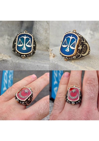Ay Yıldız ve Adalet Terazisi Çift Taraflı Erkek Yüzük
