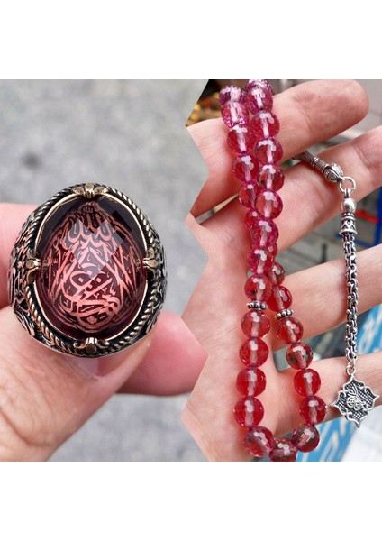 Arnavut Zincirli Osmanlı Tuğrası Püsküllü Zultanit Taşlı Tesbih ve Yüzük Kombin