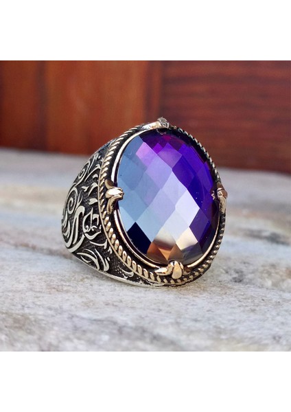 Ametist Taşlı Lale Motifli Erkek Yüzük