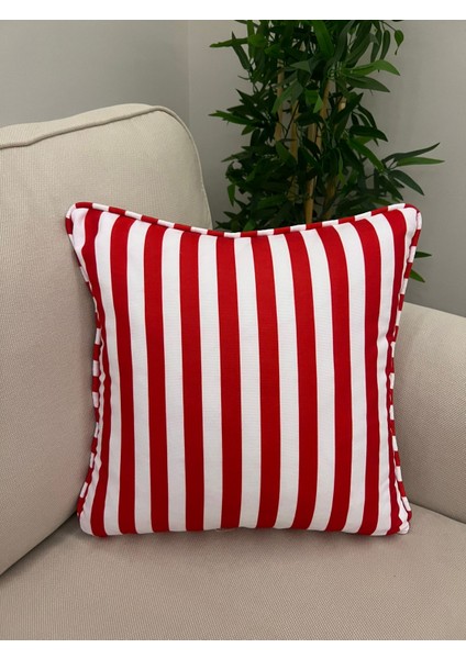 Tuğçe Demir Home Desıgn Kırmızı Beyaz Çizgili Desen Dekoratif Kırlent Kılıfı 43X43