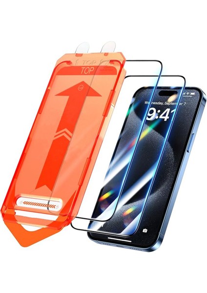 iPhone 15 Pro Max Uyumlu Ekran Koruyucu Tam Kaplayan Cam Otomatik Hizalamalı Toz Önleyici Ultra Hd