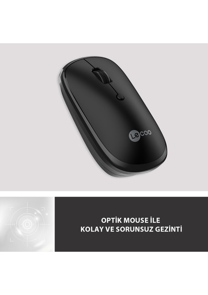 Lenovo Lecoo WS209 Dual Mod 2.4GHz WiFi + Bluetooth 6 Tuşlu 1600DPI Şarjlı Sessiz Kompakt Kablosuz Optik Mouse Siyah