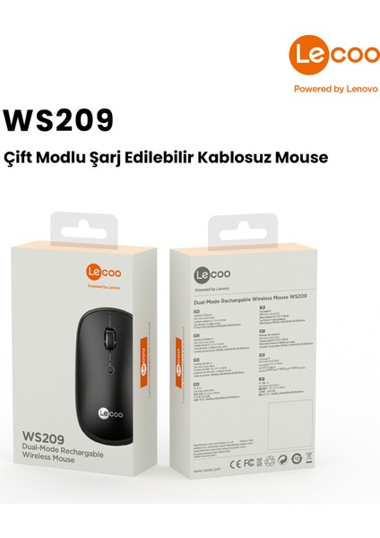 Lenovo Lecoo WS209 Dual Mod 2.4GHz WiFi + Bluetooth 6 Tuşlu 1600DPI Şarjlı Sessiz Kompakt Kablosuz Optik Mouse Siyah