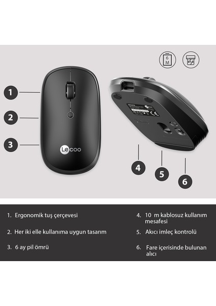 Lenovo Lecoo WS209 Dual Mod 2.4GHz WiFi + Bluetooth 6 Tuşlu 1600DPI Şarjlı Sessiz Kompakt Kablosuz Optik Mouse Siyah