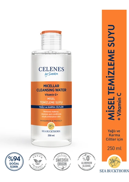 Celenes By Sweden Aydınlatıcı ve Cilt Tonu Eşitleyici Sea Buckthorn Misel Temizleme Suyu Yağlı ve Karma Ciltler 250 ml