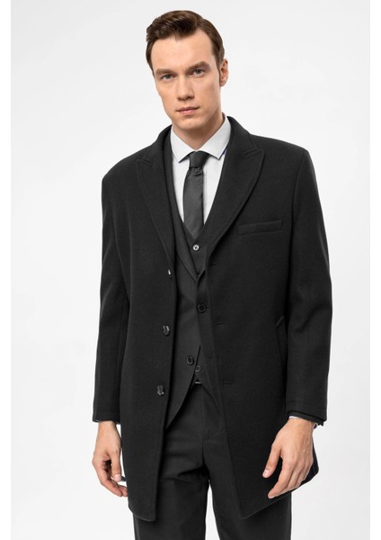Slim Fit Yünlü Sivri Yaka Antrasit Erkek Kaban modelleri