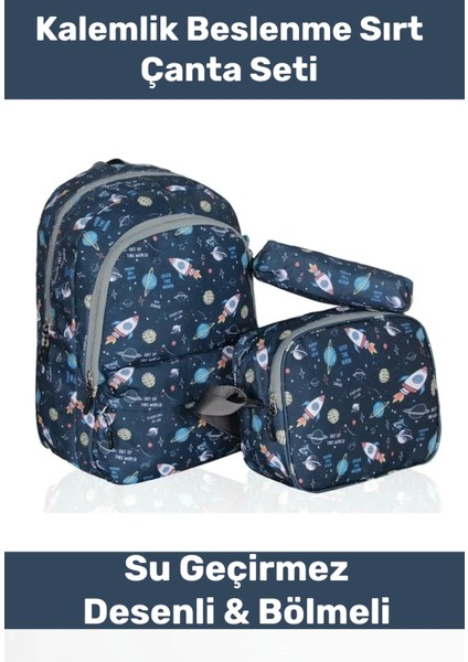 Fermuarlı Geniş 1.kalite Su Geçirmez Desenli Bölmeli Üçlü Okul Kalemlik Beslenme Sırt Çanta Seti