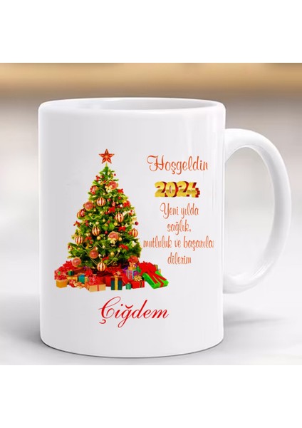 Yeni Yıl Mutlu Yıllar Yılbaşı Baskılı Kupa, Porselen ve Kulplu Bardak, Yılbaşı Ağaçlı