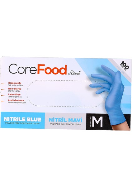 Corefood Bimel Nitril Muayene Eldiveni 100'LÜ Mavi M