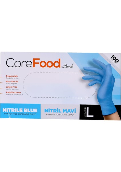Corefood Bimel Nitril Pudrasız Muayene Eldiveni 100'LÜ Mavi L fiyatları