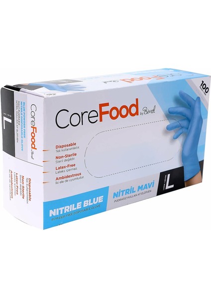 Corefood Bimel Nitril Pudrasız Muayene Eldiveni 100'LÜ Mavi L 10 Paket