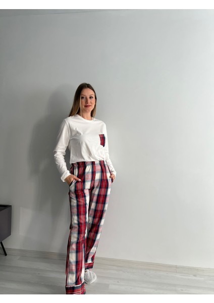 Erkek Beyaz Ekose Erkek Pijama Takımı(Sadece Erkek)