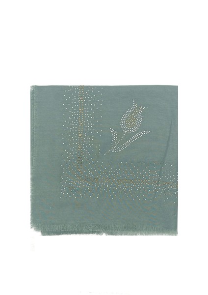 Taş Işlemeli Flamlı Yazma Gül Desenli Eşarp 100X100CM