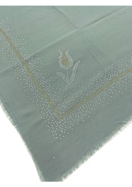 Taş Işlemeli Flamlı Yazma Gül Desenli Eşarp 100X100CM
