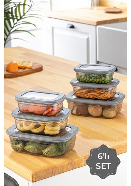 6lı Poly Kapak Dikdörtgen Sığ Saklama Kabı Seti Antrasit 2X(400, 670, 1200 Ml)