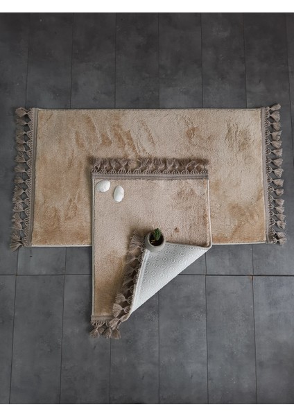 Elite Vizon Ponpon Saçaklı Peluş 2'li Banyo Paspası Halısı Kaymaz Taban Klozet Takımı Püsküllü