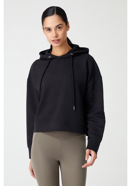 Siyah Kapüşonlu Yumuşak Dokulu Crop Sweatshirt Cropped Sweat indirimleri
