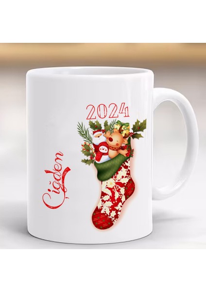 Yeni Yıl Mutlu Yıllar Yılbaşı Baskılı Kupa, Porselen ve Kulplu Bardak, Çoraplı