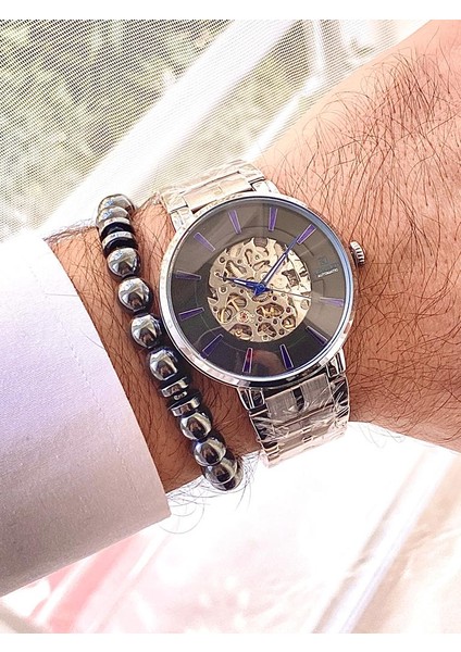 Gümüş Renk Çelik Kordon Pilsiz Wip Otomatik Erkek Kol Saati+Bileklik