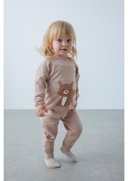 Kız Bebek Tilki Desenli Kazak Alt Pamuklu Triko 2'li Takım