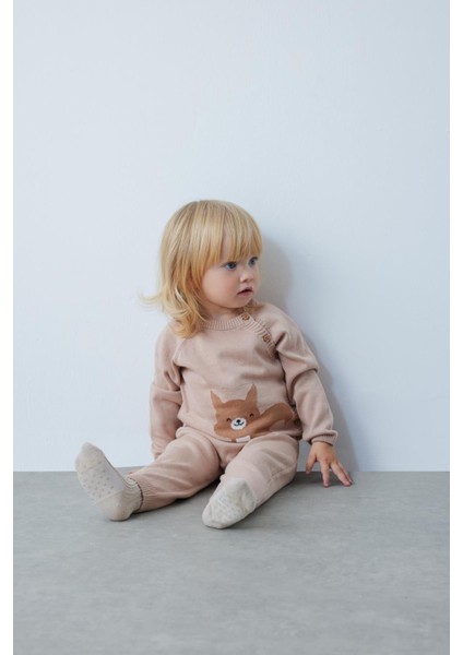 Kız Bebek Tilki Desenli Kazak Alt Pamuklu Triko 2'li Takım fiyatları