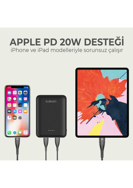 OMPB015 10000MAH Type-C ve USB Çift Çıkışlı Pd 20W Hızlı Şarj Destekli Mini Powerbank