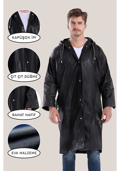 Unisex Yağmurluk Su Rüzgar Geçirmez Çıtçıtlı Kapüşonlu Eva Yağmurluk