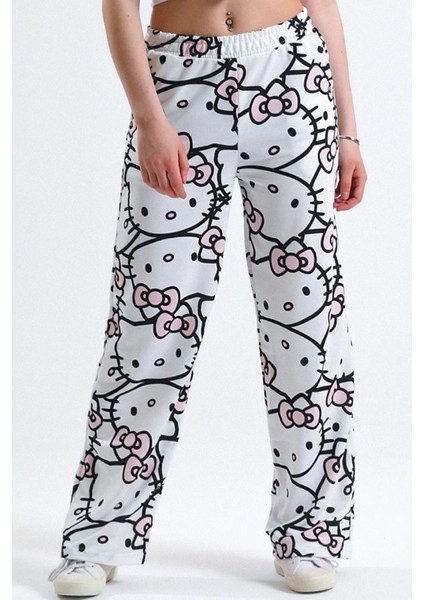 Unisex Beyaz Hello Kitty Cat Bol Paça Eşofman Altı
