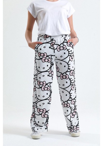 Unisex Beyaz Hello Kitty Cat Bol Paça Eşofman Altı