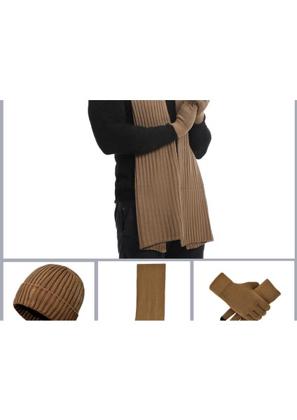 Erkek ve Kadın Kışlık Düz Renk Atkı ve Şapka 3 Parçalı Set (Yurt Dışından)