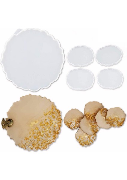 Silikon Reçine Kalıpları, 1 Adet Büyük Reçine Tepsi Kalıbı + 4 Adet Bardak Altlığı Kalıpları, Tepsi Kalıpları, Tepsi ve Bardak Altlığı Epoksi Kalıp Seti (Yurt Dışından)