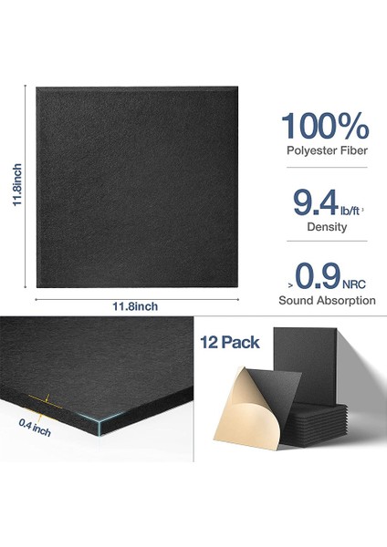 Kendinden Yapışkanlı Akustik Paneller 12 Paket, 12 x 12 x 0,4 Inç Ses Geçirmez Dolgu, Ev Için Ses Emici Panel, Siyah (Yurt Dışından) fiyatları