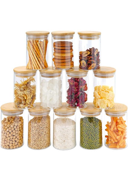 12 Adet Cam Kavanoz Seti (300 Ml), Bambu Kapaklı Şeffaf Baharat Kavanozları, Mutfak Tezgahı Organizatör Için Gıda Saklama Kavanozları Kutuları (Yurt Dışından)