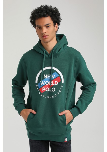 New World Polo Kapüşonlu Yeşil Slim Fit Hoodie 23FWM64049