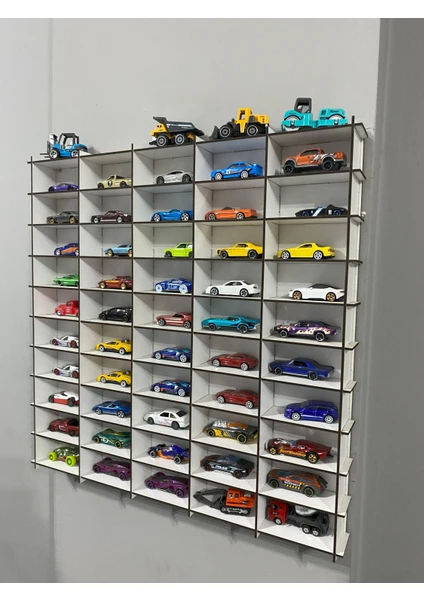 Refason Desing Ahşap Araba Rafı 50'li Beyaz Renk (Hotwheels ve Matcbox Arabaları Için Uygundur)