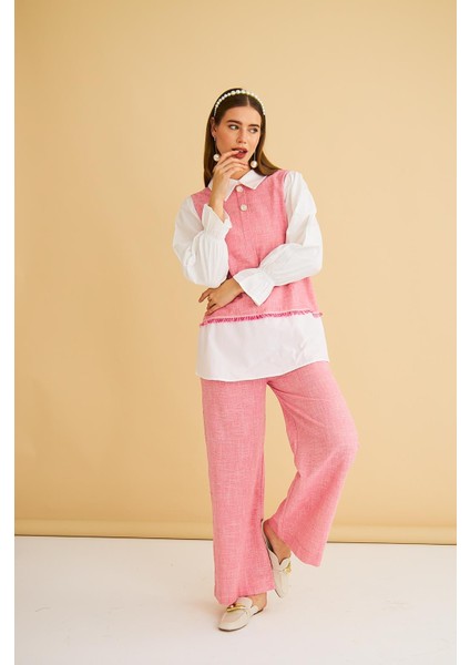 Basic Park Lambade Düğme Detaylı Bol Paça Keten Pembe Tunik Pantolon Takım