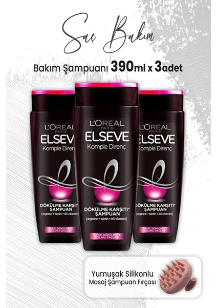 Komple Direnç Dökülme Karşıtı Şampuan 390 ml x 3 Adet ve Masaj Şampuan Fırçası Pembe