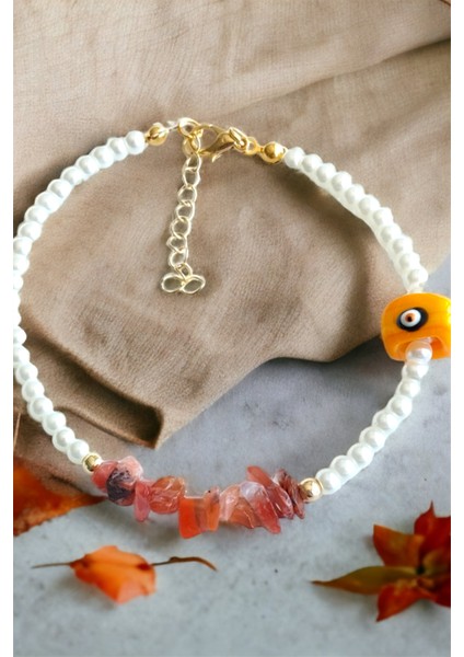 Turuncu Nazar Boncuklu Kırık Doğal Taşlı Halhal